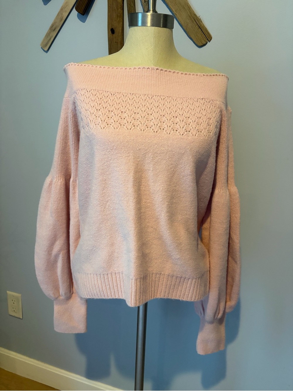 Anthropologie Blush Pink Off-the-Shoulder Ruffle Edge Sweater Size Large NWT